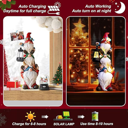 Mom Christmas Gnome Statue with Solar Lights Garden Sculptures Funny Triple Gnome Outdoor Patio Lawn Yard Balcony Home Decor Birthday Gifts for Woman Grandma 12 in Thanksgiving Gnome