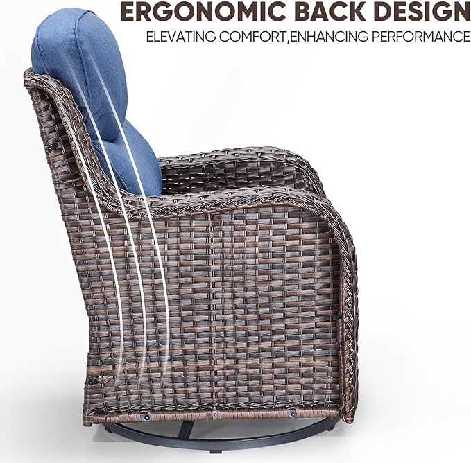 Swivel Patio Chairs sofa Set of 6 - 6" Thick Cushion - Wicker Outdoor Swivel Rocker Patio Chair ,Sofa/Glass coffee table, High Back Comfortable Outdoor Glider Chairs - Brown Wicker Blue Cushions