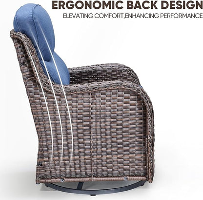 Swivel Patio Chairs sofa Set of 6 - 6" Thick Cushion - Wicker Outdoor Swivel Rocker Patio Chair ,Sofa/Glass coffee table, High Back Comfortable Outdoor Glider Chairs - Brown Wicker Blue Cushions