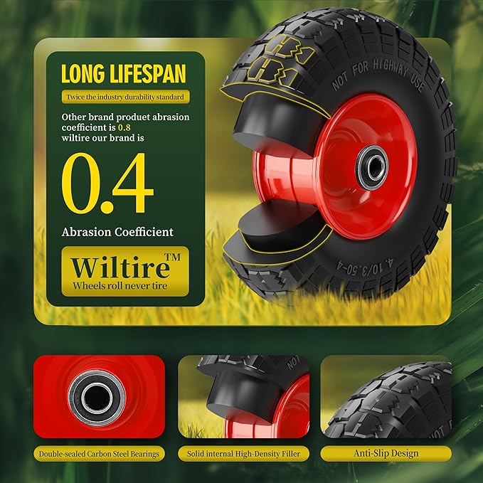 (2 Pack) 4.10/3.50-4 Flat Free Tire and Wheel 10-Inch Solid Wheel Replacement with 5/8 Bearings,2.2" Offset Hub -Compatible with Hand Truck,Wheelbarrow(Red)