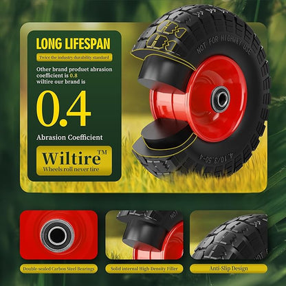 (2 Pack) 4.10/3.50-4 Flat Free Tire and Wheel 10-Inch Solid Wheel Replacement with 5/8 Bearings,2.2" Offset Hub -Compatible with Hand Truck,Wheelbarrow(Red)