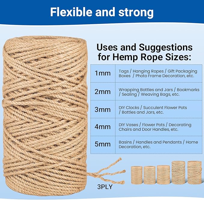 Natural Jute Twine String,Bulk Jute Rope Cord Twine for Crafting Gardening,Roll of Thick and Thin Twine for Gift Wrapping,Brown Decorative Rope,Ornament Twine for Cat Scratch Post (1mm x 1312ft)
