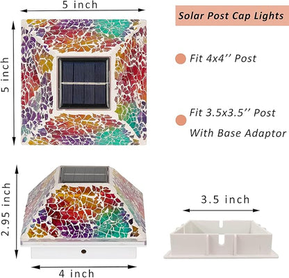 2PK Mosaic Solar Post Cap Lights Outdoor for 4x4, 3.5x3.5 Post Crackled Glass Deck Fence Lamp Weatherproof LED Light Decor in Garden, Yard, Outdoor Table, Balcony, Landscape- Multi-Colored