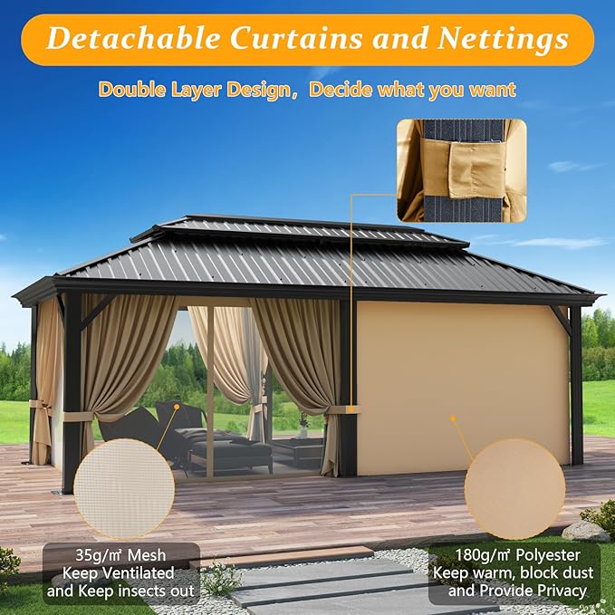 HOTEEL 12x20 Gazebo with Metal Roof Heavy Duty Hardtop Gazebo with Flame-Retardant Curtain & Netting, Hot Tub Gazebos with Galvanized Steel Double Roof, Outdoor Canopy for Patio, Party (2025 Upgraded)