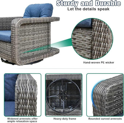 Patio Glider Swivel Rocker Sets: 3piece Patio Furniture Sets, 360° Swivel Rocking with Ottoman, Rust-Resistant Cushion -Perfect for Backyard/Deck/Porch/Balcony Decors- Gray Wicker, Blue (Chair+Table)