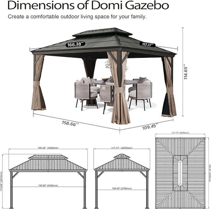 Domi 10x14 FT Outdoor Gazebo, Hardtop Gazebo with Galvanized Steel Double Roof, Metal Gazebos with Drainage System Patio Pergola for Patio Deck Backyard,Curtain and Netting, Brown