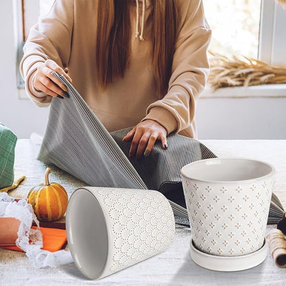 EFISPSS Ceramic Plant Pots Indoor, 5 Inch Planters with Drainage Holes and Ceramic Tray, Relief Design Flower Planter, Desktop Office Windowsill Decoration Gift Set of 4, White
