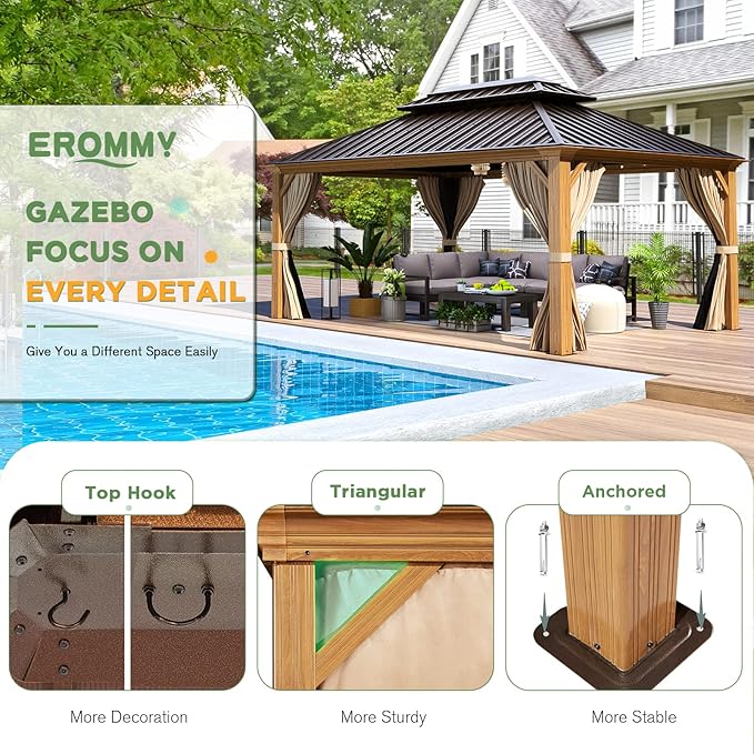 EROMMY 12'x16' Hardtop Gazebo, Wood Grain Aluminum Frame Outdoor Gazebo with Galvanized Steel Roof, Permanent Metal Pavilion with Curtains and Nettings for Patio, Backyard, Deck and Lawns