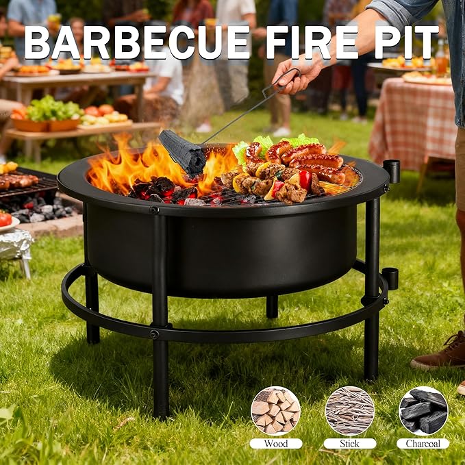 Fire Pits for Outside Wood Burning, Extra Large Outdoor Fire Pit with Grill and Roating Table, Cold Finished Steel Round Firepit Bowl with Poker and Round Waterproof Cover for Patio, Backyard, Garden