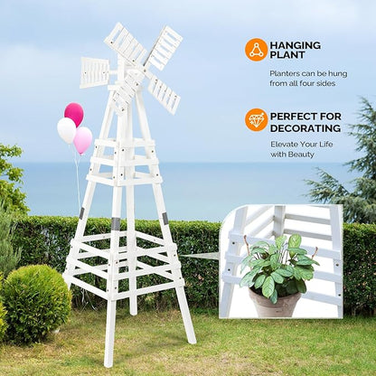 Wooden Windmill, Weather-Proof Wind Spinner, Outdoor Wind Mill for Garden Lawn Patio Decoration (White, Medium)