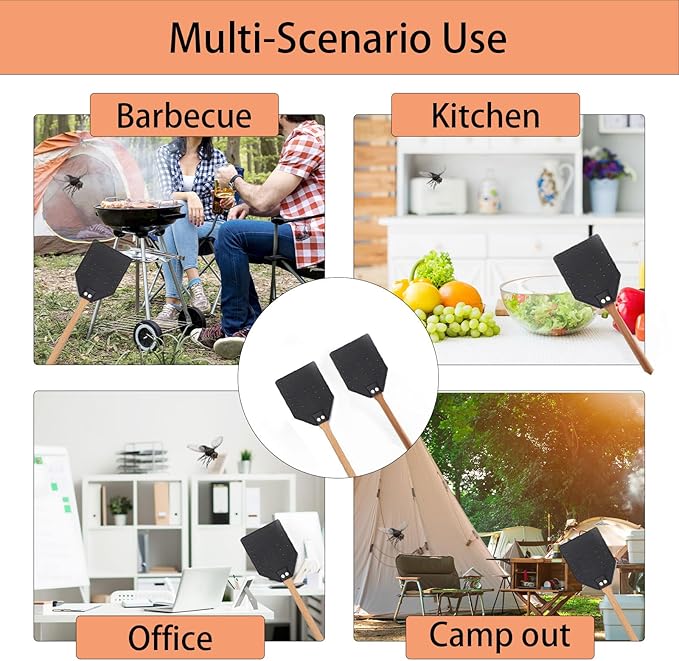 Indoor Leather Fly Swatter - 2 Pack Long Handle Heavy Duty Fly Swatter with Hanging Rope, Wood Fly Swatter Manual for Kitchen/Home Indoor and Outdoor Flies