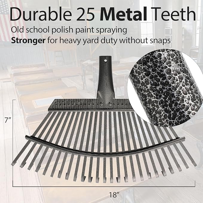 Leaf Rake, 30-61 inch Garden Rakes for Leaves Heavy Duty Long Handle, 25 Tines 18" Wide Metal Thatch Lawn Gravel Shrub Yard Landscape Rake for Leaves and Grass