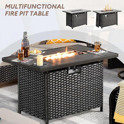 HOOOWOOO Patio Outdoor Furniture with Large Fire Pit Table,High Back 6 Piece Wicker Patio Conversation Set with Swivel Chairs,7 Person Couch Sofa Seating,Beige
