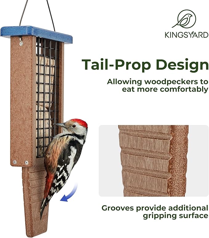 Kingsyard Recycled Plastic Suet Bird Feeder, Double Capacity Tail-Prop Suet Feeder for Outside Hanging, Sturdy & Durable, Great for Woodpecker & Clinging Birds, Blue