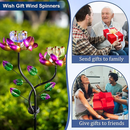 Solar Wind Spinners Pink Twin Flowers for Yard and Garden, Solar Windmill Garden Whirligig Kinetic Spinners Decor for Lawn, Patio, Yard, Metal Wind Outdoor Sculpture