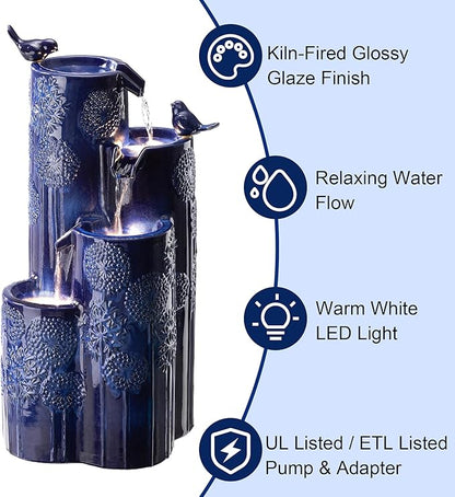 Glitzhome 32" H Outdoor Water Fountain with LED Lights and Pump, 4 Tier Ceramic Cobalt Blue Dandelion Texture Outdoor Fountains and Waterfalls with Cute Birds, for Porch Deck Garden Patio Backyard