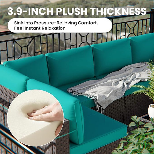 12 Pcs Outdoor Patio Furniture Set Outdoor Furniture All Weather Patio Sectional Sofa PE Wicker Modular Conversation Sets with Coffee Table, Swivel Rocking Chair (Turquoise)