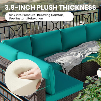 11 Pieces Outdoor Patio Furniture Set Outdoor Furniture Patio Sectional Sofa Conversation Sets w/ETL Approved 45" Gas Outdoor Fire Table & Coffee Table, Swivel Rocking Chair (Turquoise)