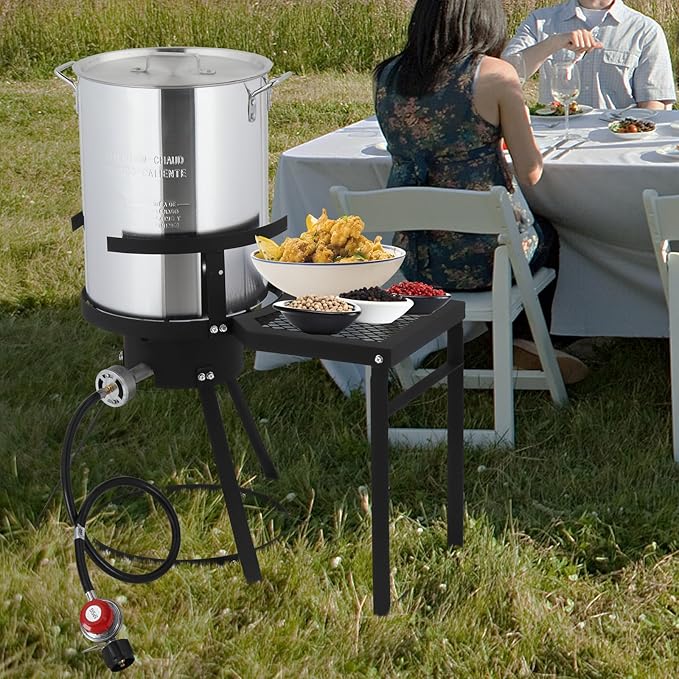 Outvita 30Qt Turkey Deep Fryer & 10QT Fish Fryer Kit w/Baskets, Aluminum Fish & Seafood Boiler Steamer with 55,000 BTU Propane Gas Burner & Additional Prep Table, Ideal for Outdoor Fry