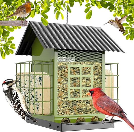 Bird Feeders for Outdoors Hanging, Metal Bird Feeder with Double Suet Cage Cake, Large Capacity, Birdfeeders Sturdy & Weatherproof, Easy to Clean & Refill, Great for Attracting Wild Birds