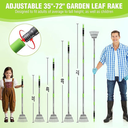 WORKPRO Rake, Small Rake for Leaves with 72” Adjustable Long Handle, 11 Steel Tines, Heavy Duty Metal Leaf Rakes for Garden, Lawn, Yard, Shrub, Flower Bed, Narrow Rakes 9" Wide Head for Tight Spaces
