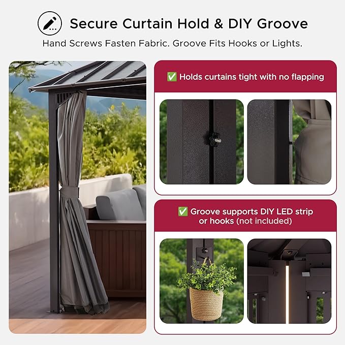 SUNJOY Kingston 20' x 12' Hardtop Gazebo with Galvanized Steel Double Roof, Curtain and Netting, Brown Aluminum Posts Permanent Pavilion Gazebo for Garden, Patio, Deck, Lawn