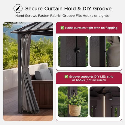 SUNJOY Kingston 16' x 12' Hardtop Gazebo with Galvanized Steel/Polycarbonate Double Roof, Curtain and Netting, Brown Aluminum Posts Permanent Pavilion Gazebo for Garden, Patio, Deck, Lawn