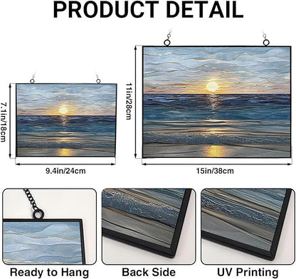 Rectangle Sun Set Beach Stained Glass Window Hanging Sun Catchers Indoor Window Decor, Stained Glass Suncatcher Gifts for Women, Christmas
