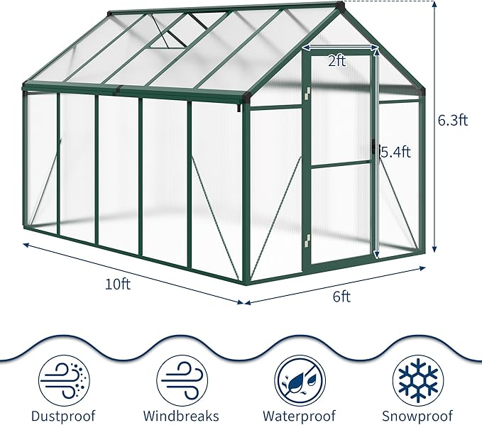 6 x 10 FT Greenhouse, Greenhouses for Outside, Polycarbonate Greenhouse with Aluminum Frame, Lockable Door and Ajustable Roof Vent for Backyard, Green Houses for Outside Garden Backyard, Patio