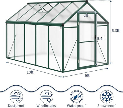 6 x 10 FT Greenhouse, Greenhouses for Outside, Polycarbonate Greenhouse with Aluminum Frame, Lockable Door and Ajustable Roof Vent for Backyard, Green Houses for Outside Garden Backyard, Patio