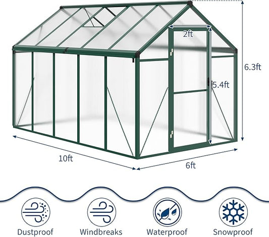 6 x 10 FT Greenhouse, Greenhouses for Outside, Polycarbonate Greenhouse with Aluminum Frame, Lockable Door and Ajustable Roof Vent for Backyard, Green Houses for Outside Garden Backyard, Patio