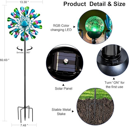 60'' Wind Spinner with Color Glass Ball Solar Lights, Green Peacock Feathers Metal Garden Outdoor Decor Yard Lawn Art Decor for Patio Kinetic Windmills Unique Gifts for Friends and Family