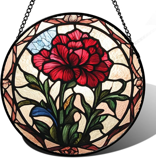 Stained Glass Window Hanging - Red Carnation Birth Flower Sun Catcher for Door Garden Home Decor Suncatcher Christmas Mother's Day Birthday Gifts for Women Men Mom Nana Friend Wife 11.8 in