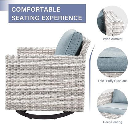 Outdoor Patio Swivel Rocker Chairs - 3 Piece Wicker Patio Furniture Bistro Swivel Rocking Chairs Set with Comfortable Cushions,Sturdy Metal Frame and Side Table for Porch Deck(Light Grey/Sky Blue)