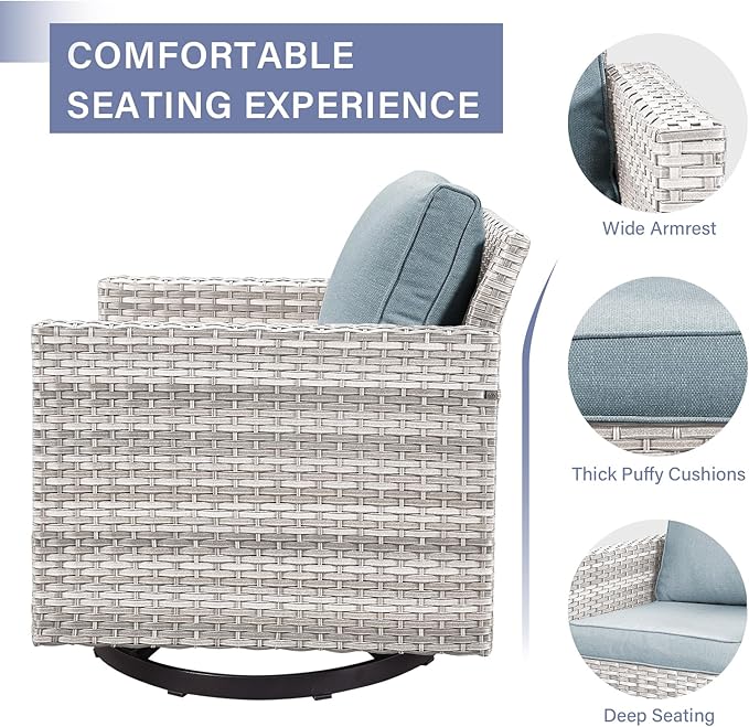 Wicker Outdoor Patio Furniture Set - 5 Piece Patio Conversation Set with 2 Swivel Rocker Chairs,2 Rattan Ottoman and 1 Metal Side Table for Outside Porch Deck Backyard Garden(Light Grey/Sky Blue)
