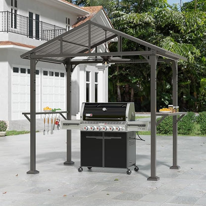 Kullavik 8' x 5' Hardtop Grill Gazebo,Outdoor BBQ Gazebo with Galvanized Steel Roof and Ceiling Hook,BBQ Pavilion with 2 Side Shelves and 5 Side Hooks for Patio Lawn Backyard Garden