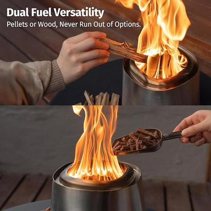 EAST OAK Fuoco Smokeless Tabletop Fire Pit | 3-in-1 Ash Pan | Portable Wood & Pellet Firepit | Stainless Steel | 120% More Efficient Burn | Backyard, Patio & Camping | Easy Ignition & Compact Design