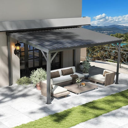 10x12FT Lean to Gazebo, Outdoor Hardtop Wall Mount Gazebo with Gutter & Sloping Galvanized Steel Roof, Metal Hard Top Awnings for Deck, Porch, Backyard