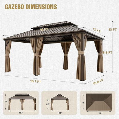 COOS BAY 12x18 Hardtop Gazebo with Aluminum Frame, Galvanized Steel Double Roof Outdoor Pavilion with Netting and Curtains, Dark Brown/Tan
