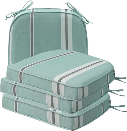 Round Corner Seat Cushions, 17" x 16" x 2", Set of 4, Indoor Outdoor Water Repellent Universal Chair Pads with Ties for Patio Furniture, Garden Deck Dining Chairs, Aqua Stripe