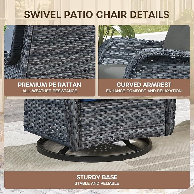 Patio Swivel Chair Set of 2, Resin Wicker Swivel Patio Glider Chairs with Smile-Shaped Cushions, High Back Luxury Swivel Patio Glider Chairs for Outdoor, Grey Wicker|Grey Cushions
