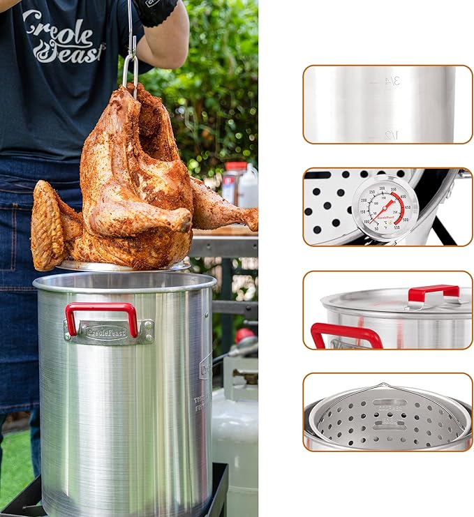 Creole Feast TFK-TG-3001 30 Qt. Turkey Fryer Boiler Steamer Kit with 10 Qt. Fish Fryer Pot & Gloves, Outdoor Turkey Fryer Pot with Basket and Burner, 50,000 BTUs, Silver & Black