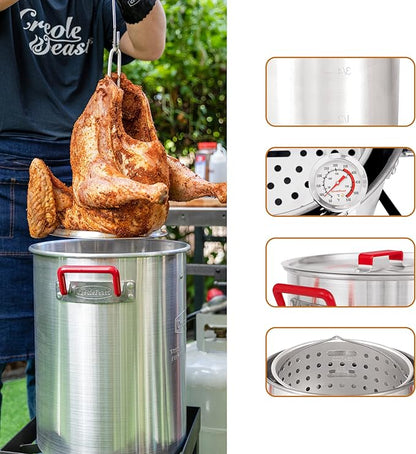 Creole Feast TFK-TG-3001 30 Qt. Turkey Fryer Boiler Steamer Kit with 10 Qt. Fish Fryer Pot & Gloves, Outdoor Turkey Fryer Pot with Basket and Burner, 50,000 BTUs, Silver & Black
