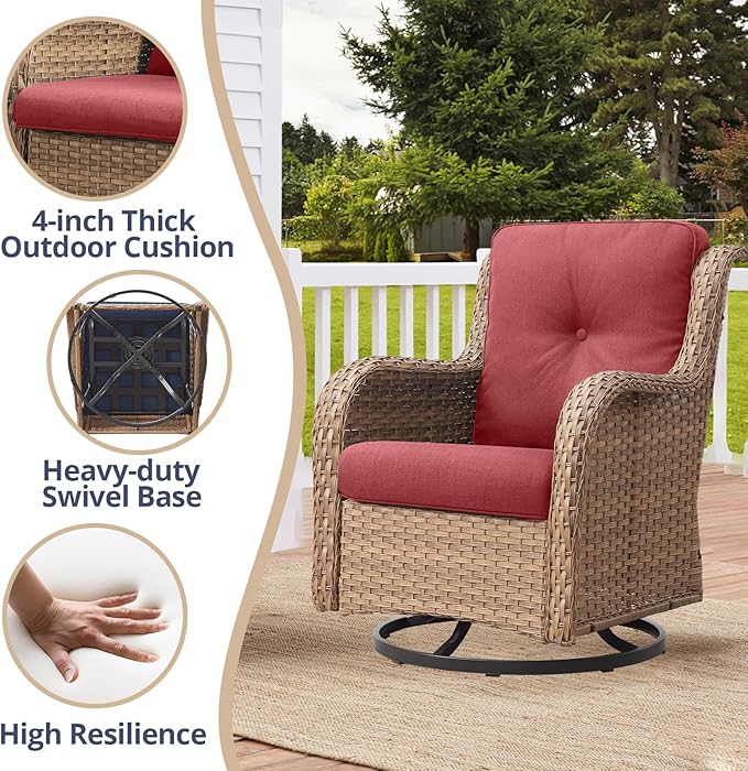 Patio Furniture Set with Swivel Rocker：8 PCS Outdoor Furniture with Swivel Patio Chairs, Suitable for Deck, Yard, Porch, Poolside, Yellow/Red