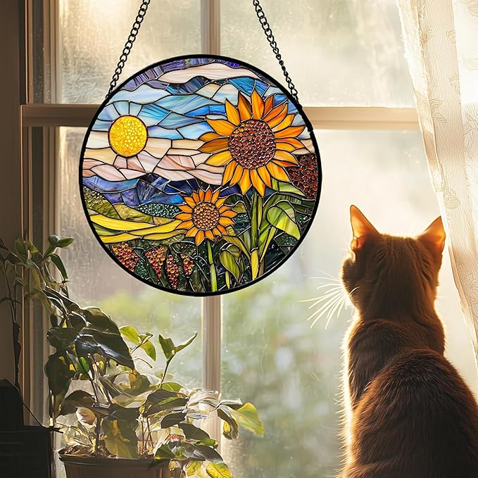 Stained Glass Suncatcher, Sunflower Flowers Landscape Sun Catcher Plant Mountains Stain Glass Window Hanging Decoration Mother's Day Birthday Gifts for Women Men Mom Nana 6.3 in