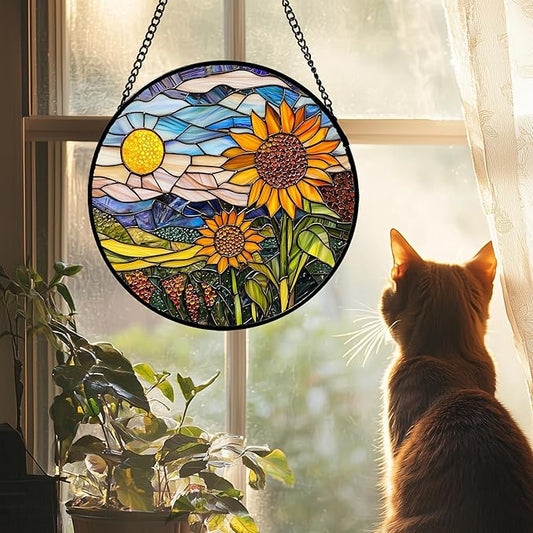 Stained Glass Suncatcher, Sunflower Flowers Landscape Sun Catcher Plant Mountains Stain Glass Window Hanging Decoration Mother's Day Birthday Gifts for Women Men Mom Nana 7.8 in