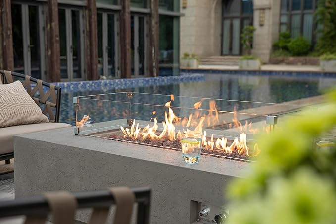 AMS Creations | Madison 60" Rectangular Natural Gas Outdoor Fire Pit Table | Light Gray Concrete GFRC | Limestone Texture or Surface | Electronic Ignition | Outside Backyard Fireplace