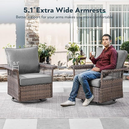Outdoor Swivel Glider Chairs Set of 2 - Hollow Widen Armrests Wicker Patio Furniture Set, Comfortable High Back Outside Swivel Rocker for Balcony Porch Deck and Yard - Brown/Gray