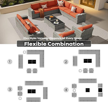 ovios 15 Pieces Patio Furniture Set, Outdoor Wicker Sectional Sofa with Swivel Chairs Coffee Table, Modern Modular Deep Seat Rattan Couch Conversation Sets, Orange Red