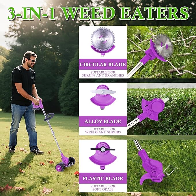 Weed Wacker Cordless Adjustable Weed Eaters 3 in 1 Electric String Trimmer Lawn with Two Battery with Charger Comes with Multiple Blades for Yard,Green,Garden(Purple)